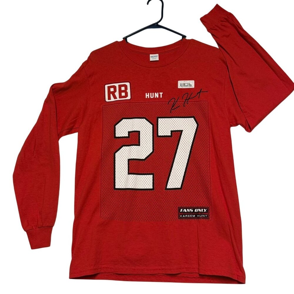 NEW Kareem Hunt Fans Only Red M Long Sleeve J-Tee Shirt With Signature‎ Print